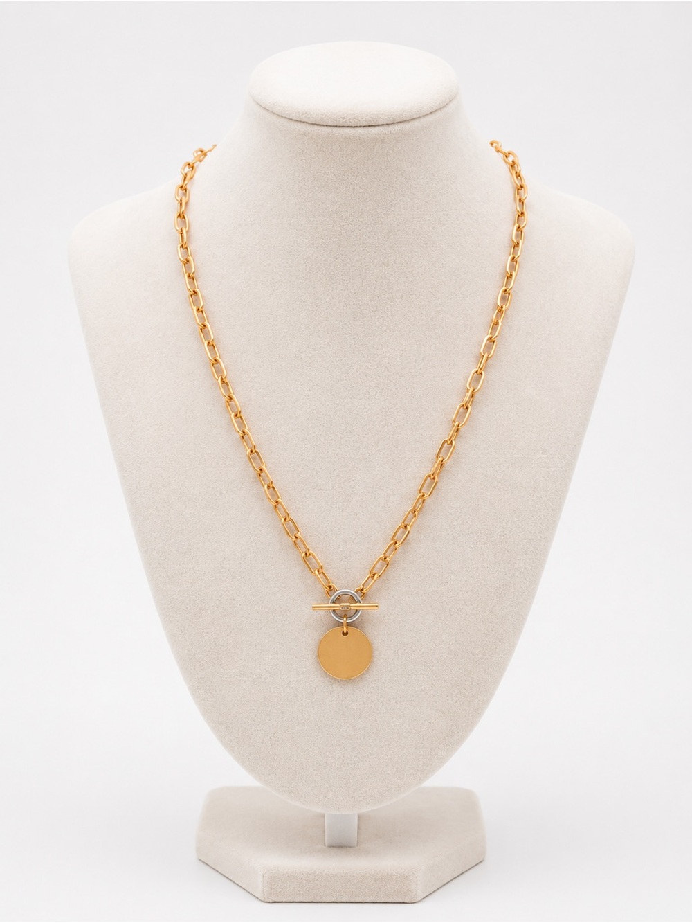 Gold Tone Chain Link Necklace with Round Disc Pendant